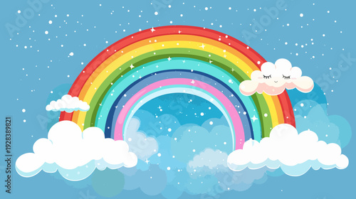 Cute cartoon illustration of a rainbow, clouds, and snowflakes on a blue sky background