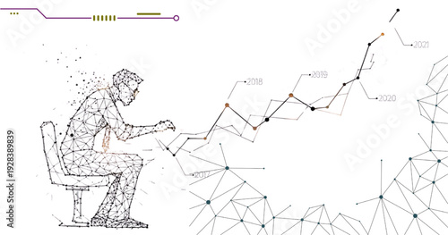 Business Data Analytics And Growth Concept With Polygonal Man Working On Laptop And Rising Chart