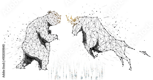 Bull and Bear Polygon Wireframe Illustration Representing Stock Market Volatility and Financial Conflict