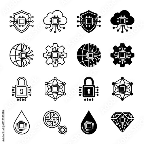 Collection of hybrid microchip and hardware icons featuring integrated circuit processor designs merged with shield cloud globe gear lock and diamond symbols