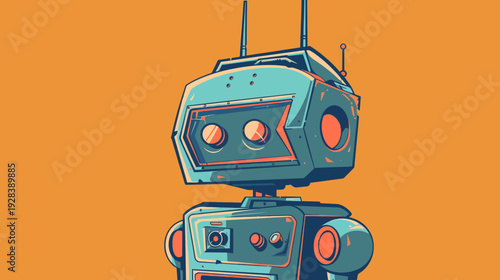 Illustration of a teal robot's head and upper body on an orange background, simplistic and geometric