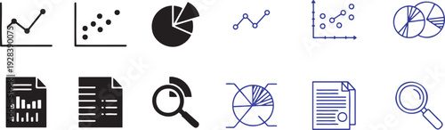 Collection of diverse business analytics icons and charts including line graphs scatter plots pie charts bar charts on documents and magnifying glass representing data analysis research and financial