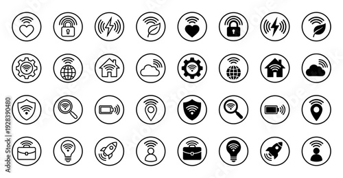 Minimalist hybrid circle icon set featuring wireless signal integration with various symbols including heart leaf lock house and lightbulb