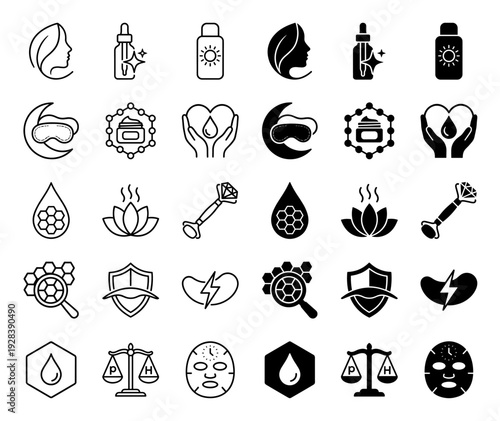 Skincare and dermatology icon set featuring hybrid symbols for sun protection facial treatment serum dropper and organic ingredient chemistry