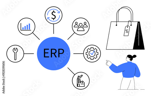 Business operations, software solutions, e-commerce, workflow management, productivity tools, enterprise integration. Connected icons with ERP in the center, showing essential business processes