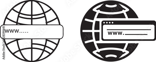 Global network connection icons representing internet access and worldwide communication with search bar elements and simplified globe graphics illustrating digital connectivity and online