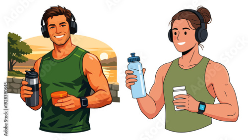 Male and Female Fitness Character Vector Illustration Set on PNG Background, fitness vector, gym illustration, athletic man, workout character, healthy lifestyle, sports illustration, flat design, 