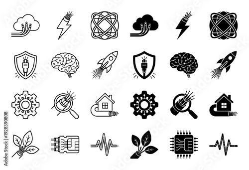 Collection of minimalist hybrid icons merging fiber optic cables with cloud technology brain intelligence renewable energy and smart home systems