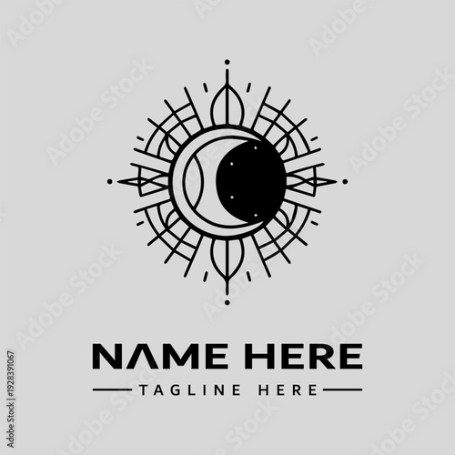 A black and white logo featuring a stylized sunburst design with a crescent moon, surrounded by geometric patterns and text placeholders for a name and tagline on a light gray background.