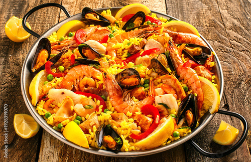 Delicious seafood paella with shrimp mussels and lemon slices