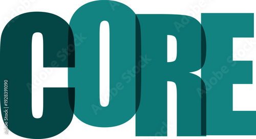 The impactful word 'CORE' is presented in bold, overlapping teal and dark teal letters, signifying centrality, essence, and fundamental importance, perfect for business or foundational concepts.