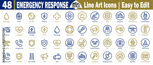 Emergency response line art icons set. Including ambulance, police siren, fire service air rescue, hazmat, medical kit, aerial surveillance, and emergency comms vector illustration.