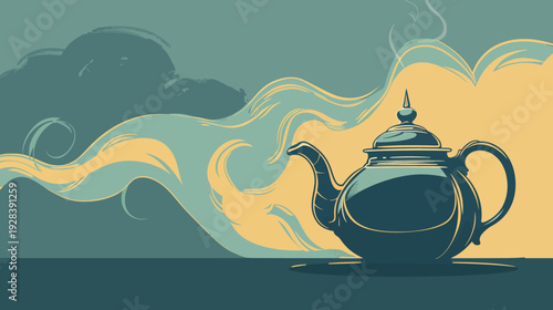 Stylized illustration of a teapot with steam, in blue, green, and yellow hues