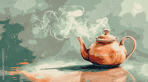 Still life of teapot steaming on table with muted color background in painterly style