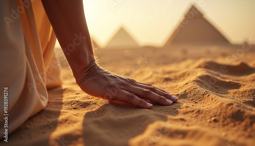 Scene from the Bible with Moses touching sand in front of pyramids at sunset. Biblical scene highlights connection with history and nature, showcasing Moses in desert landscape with pyramids.