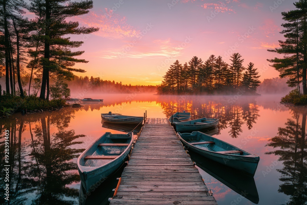 Fototapeta premium Golden hour reflections on a quiet lake dock at sunrise