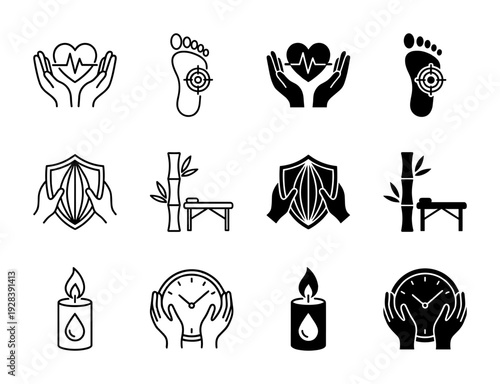 Wellness and holistic therapy icons featuring hybrid concepts like heart rhythm in hands foot reflexology and bamboo massage table symbols