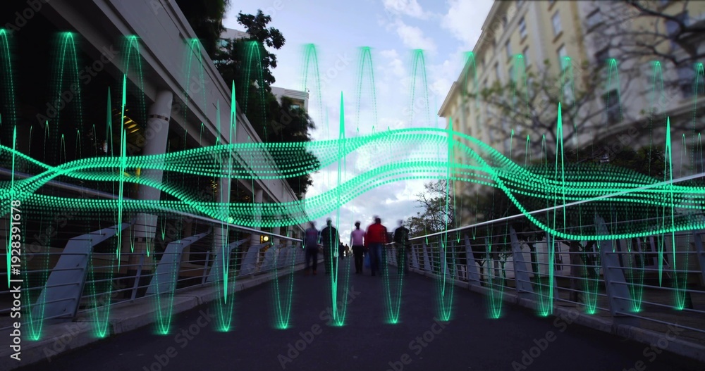 Obraz premium Walking group wearing coats one red with backpack crossing railed bridge at street, green waveform