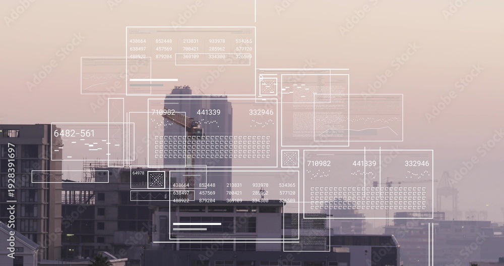 Naklejka premium Displaying translucent HUD overlaying rooftop skyline at dusk, showing scaffolding, palm, cranes
