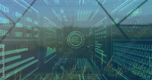 Displaying data corridor of HUD over field, showing panels, numbers, circular target, grass
