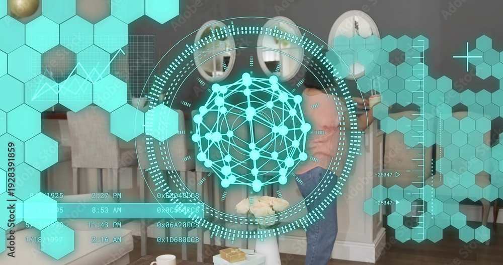 Naklejka premium Helping two men steadying senior woman wearing light blouse in living room, with teal AR HUD