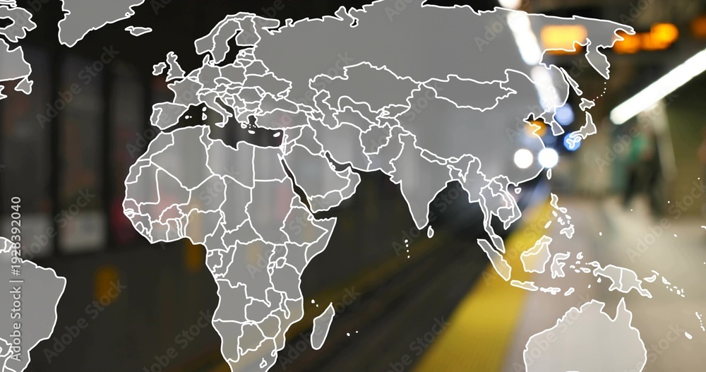 Fototapeta premium Overlaying faint white world map showing continents over subway platform, with yellow tactile strip