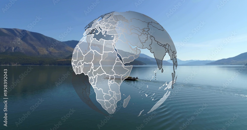 Naklejka premium Floating translucent globe over mountain lake, showing borders and boat with people in dark jackets