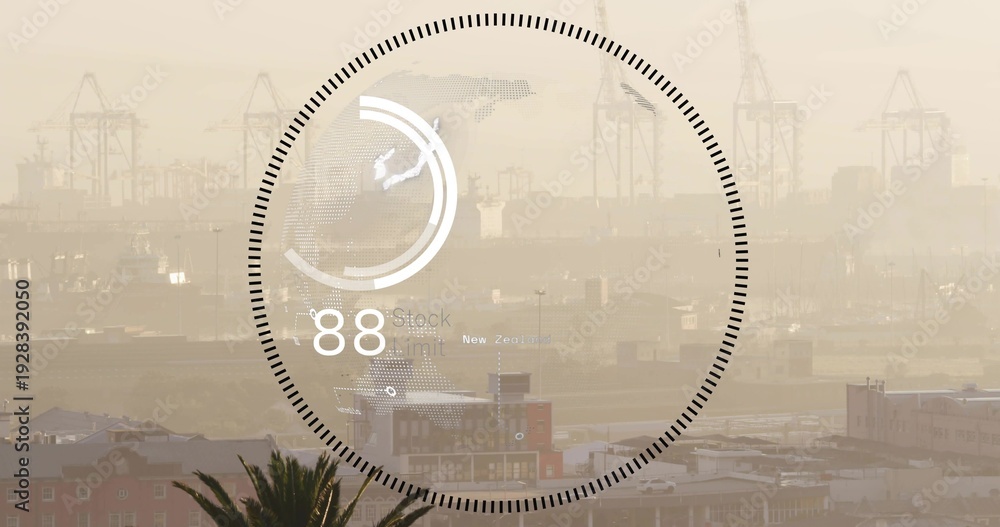 Fototapeta premium Displaying HUD overlaying sepia-toned waterfront skyline, with gantry cranes and palm canopy