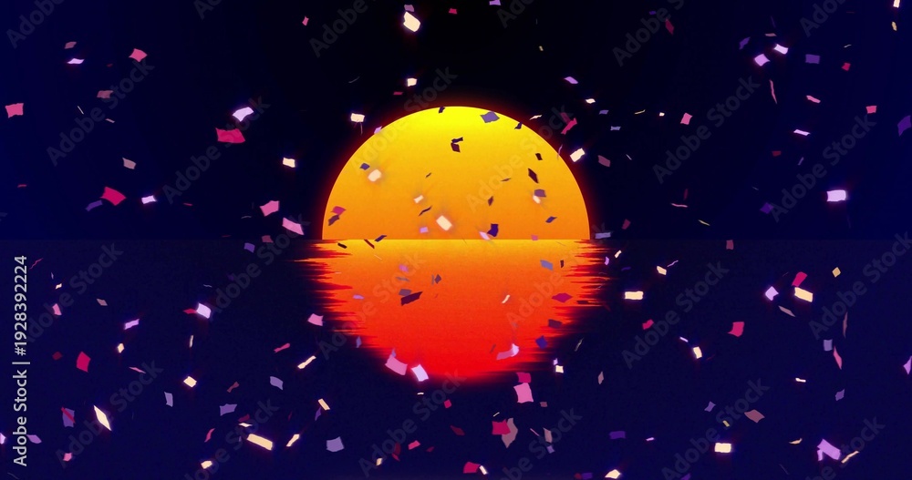 Obraz premium Glowing circular orb hovering on horizon over rippling water, reflecting with scattered confetti