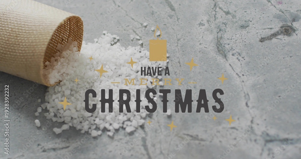 Obraz premium Spilling rolled beige cone spreading coarse white salt across gray stone surface, holiday greeting