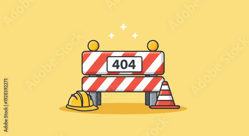 404 Error Page Not Found Barrier with Hard Hat and Cone.
