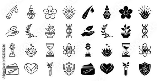 Professional organic skincare and herbal medicine icon set featuring hybrid botanical symbols merged with laboratory apparatus and wellness metaphors