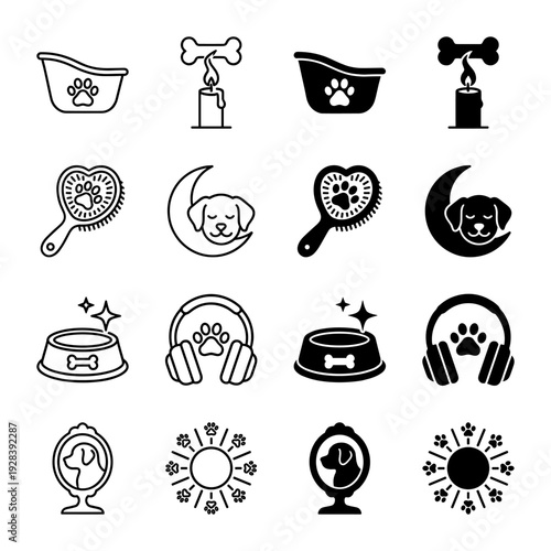 Collection of pet care icons featuring hybrid symbols merging dog paw elements with grooming tools bath tub moon and spiritual candle light concepts