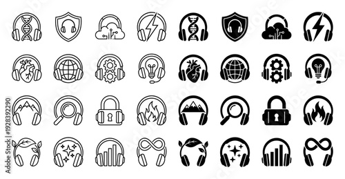 Collection of minimalist headphone icons merging audio equipment with diverse symbols including dna heart mountain leaf and power for sound branding