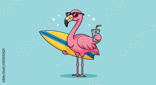 Cool flamingo with sunglasses holding a surfboard and drink Vector Illustration.