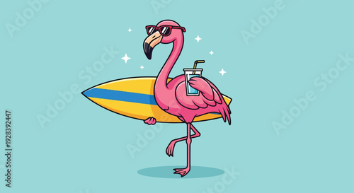 Cool flamingo with sunglasses holding a surfboard and drink.