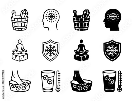 Ice bath and cold water therapy icons featuring minimalist hybrid designs of snowflake symbols merged with human silhouettes and wellness objects
