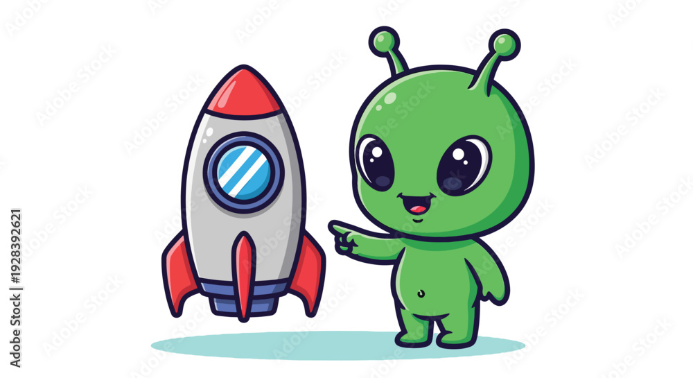 Obraz premium Cute Alien Pointing at Rocket Cartoon Vector Illustration.