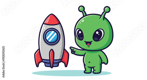 Cute Alien Pointing at Rocket Cartoon Vector Illustration.