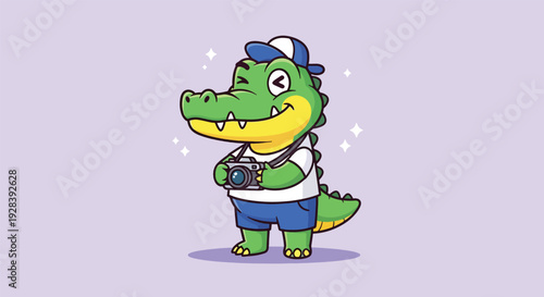 Cute Alligator Wearing Hat and Holding Camera Vector.