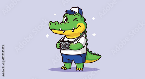 Cute Alligator Wearing Hat and Holding Camera Vector Illustration.