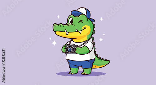 Cute Alligator Wearing Hat and Holding Camera.