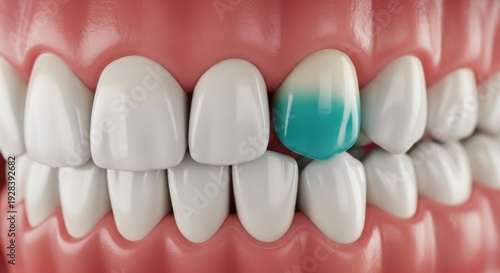 Healthy teeth and gums model with highlighted tooth for dental cleaning and preventative oral care concept.