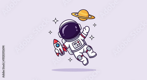 Cute Astronaut Floating in Space with Rocket and Planet Vector.