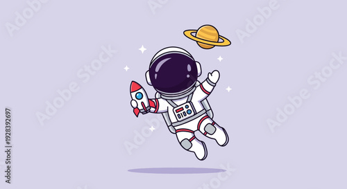 Cute Astronaut Floating in Space with Rocket and Planet Vector Illustration.