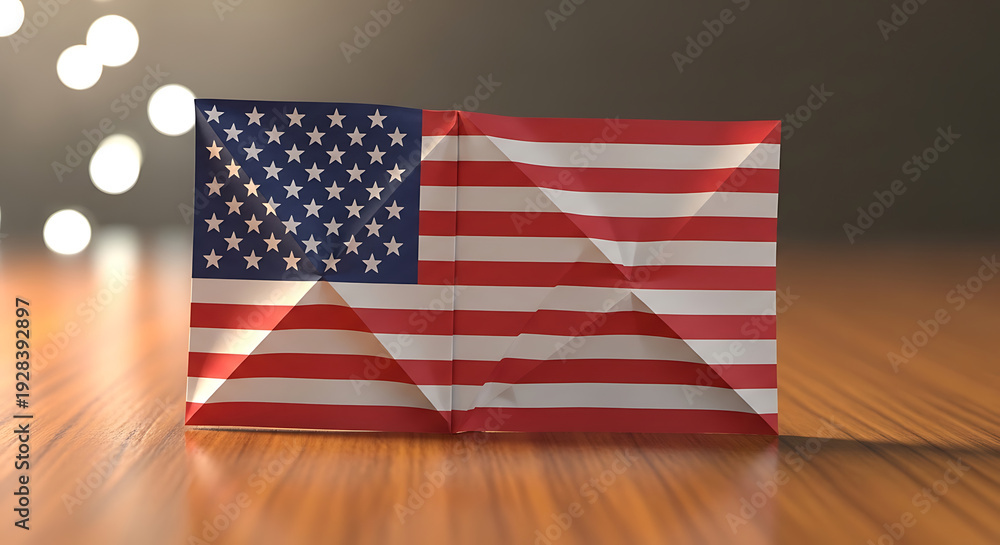 Obraz premium Close-up of the american flag with a blurred background on a wooden surface