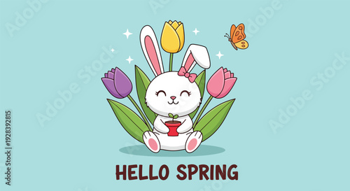 Cute Bunny with Tulips and Butterfly Welcoming Spring.