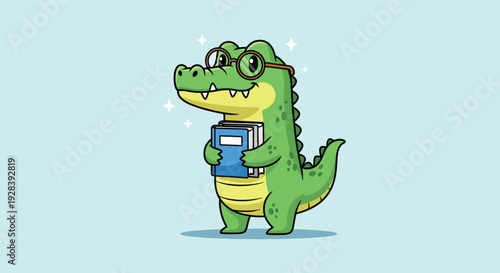 Cute Cartoon Alligator Student with Glasses Holding Books.