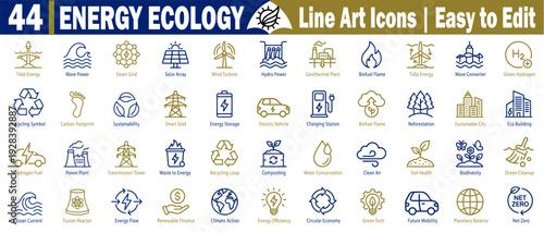 Energy ecology line art icons set. Featuring solar array, wind turbine, hydro power, electric vehicle recycling, sustainability, and green tech renewable symbols vector illustration.