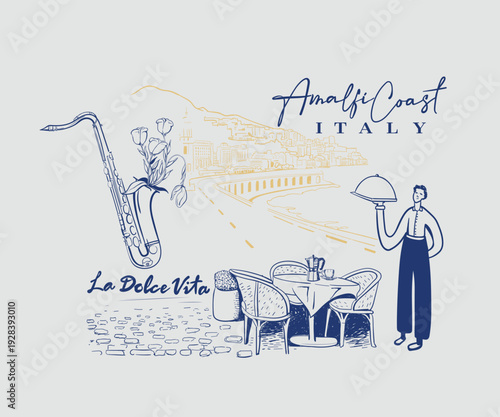 Amalfi coast Italy travel vector art, La dolce vita artwork with typography, Luxury dinner design for poster, graphic print, Summer vacation t shirt design